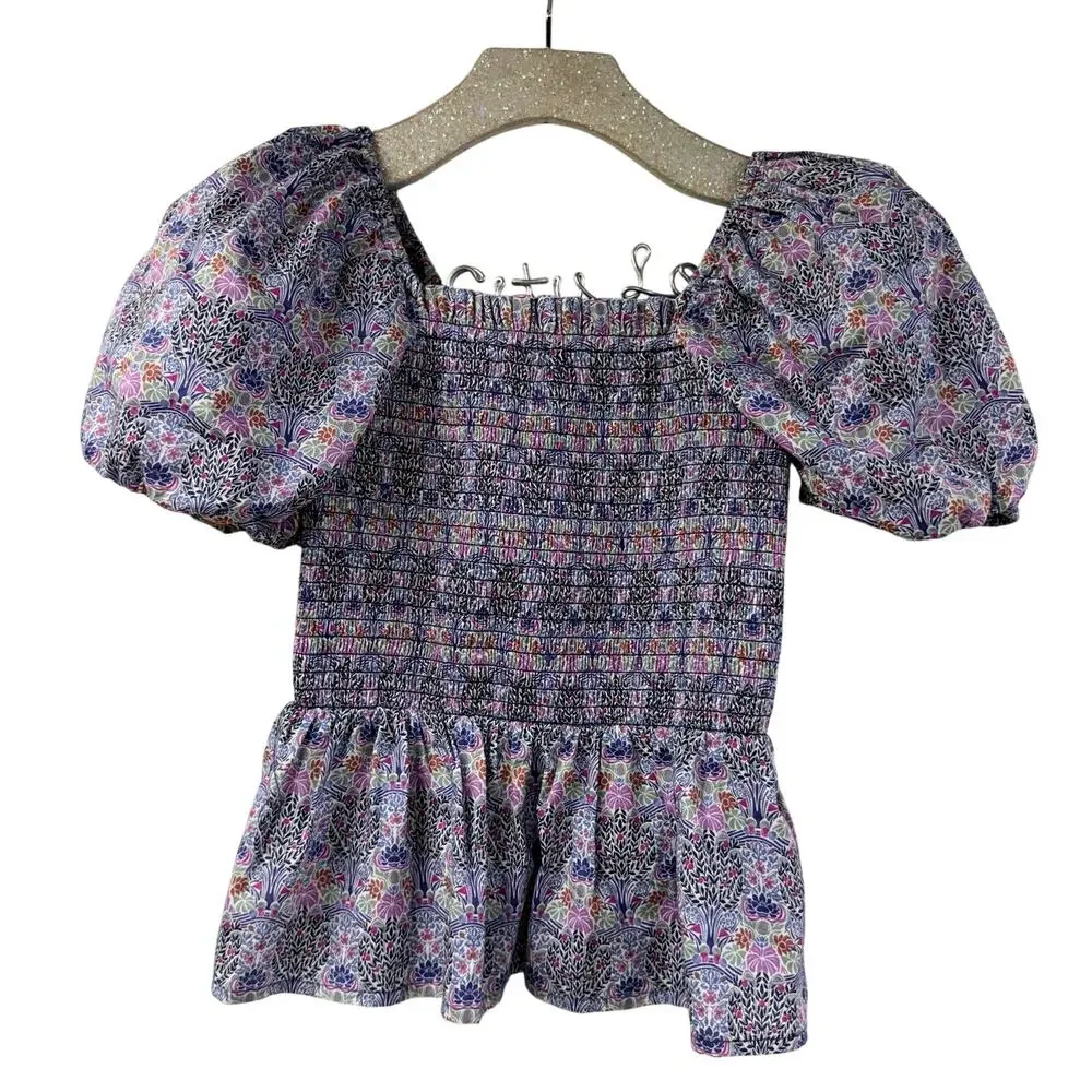 JCrew Puff Sleeve Peplum Top Floral Liberty Fabrics XS OrganicCotton SquareNeck